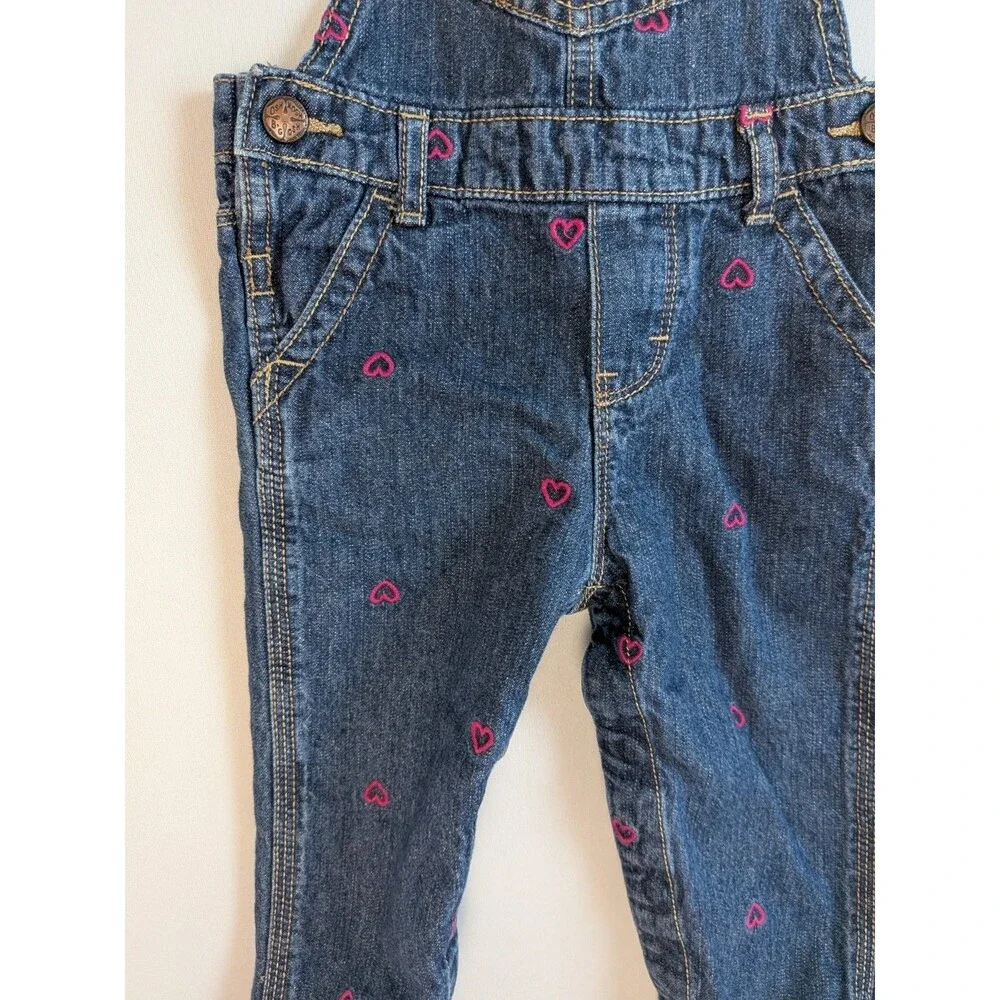 OshKosh B'gosh Overall Bibs Pink Hearts Denim 12 Months Blue Baby Toddler Girl